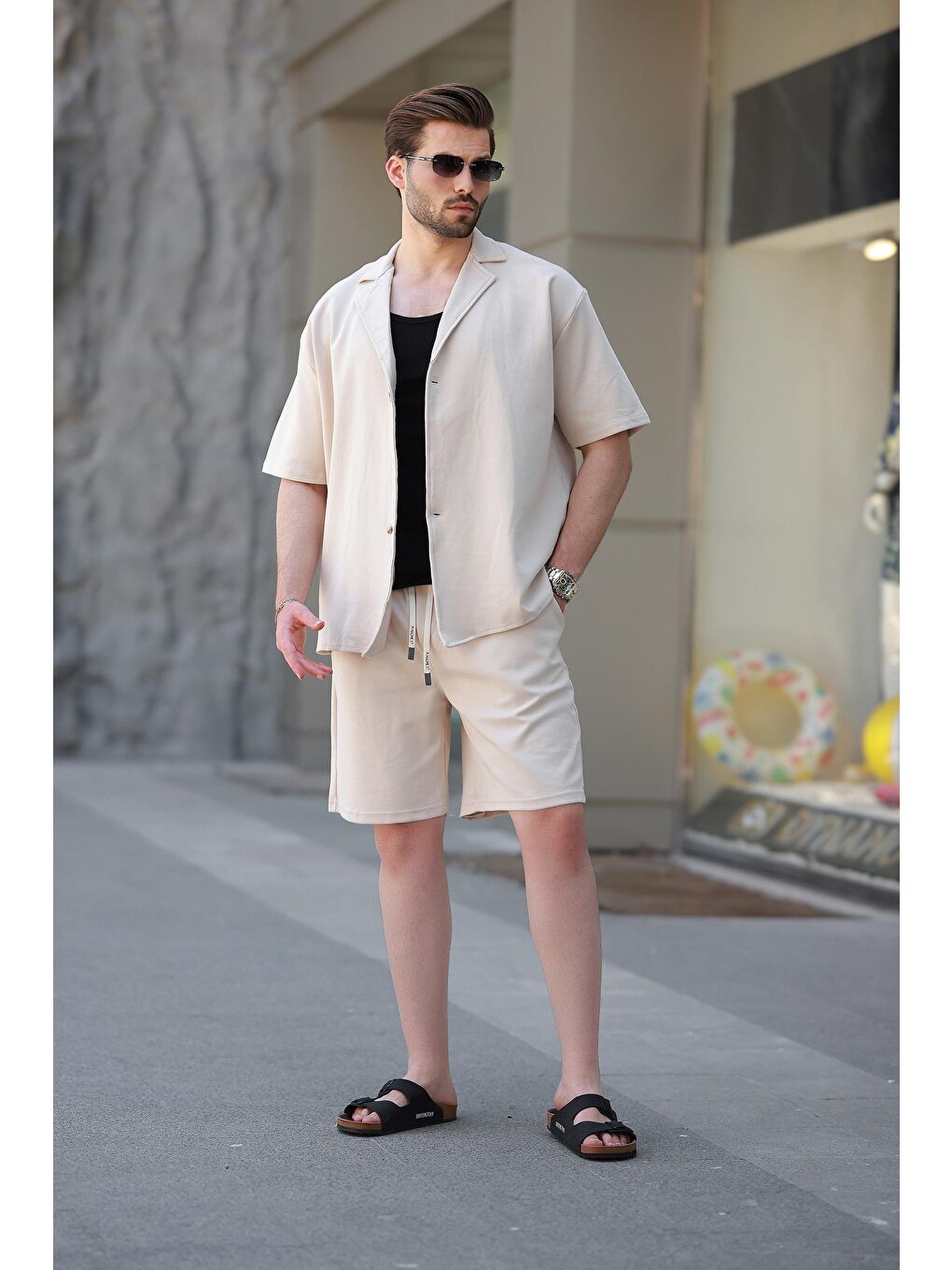 Bej Basic Erkek Şort Gömlek Takım E7311-1
