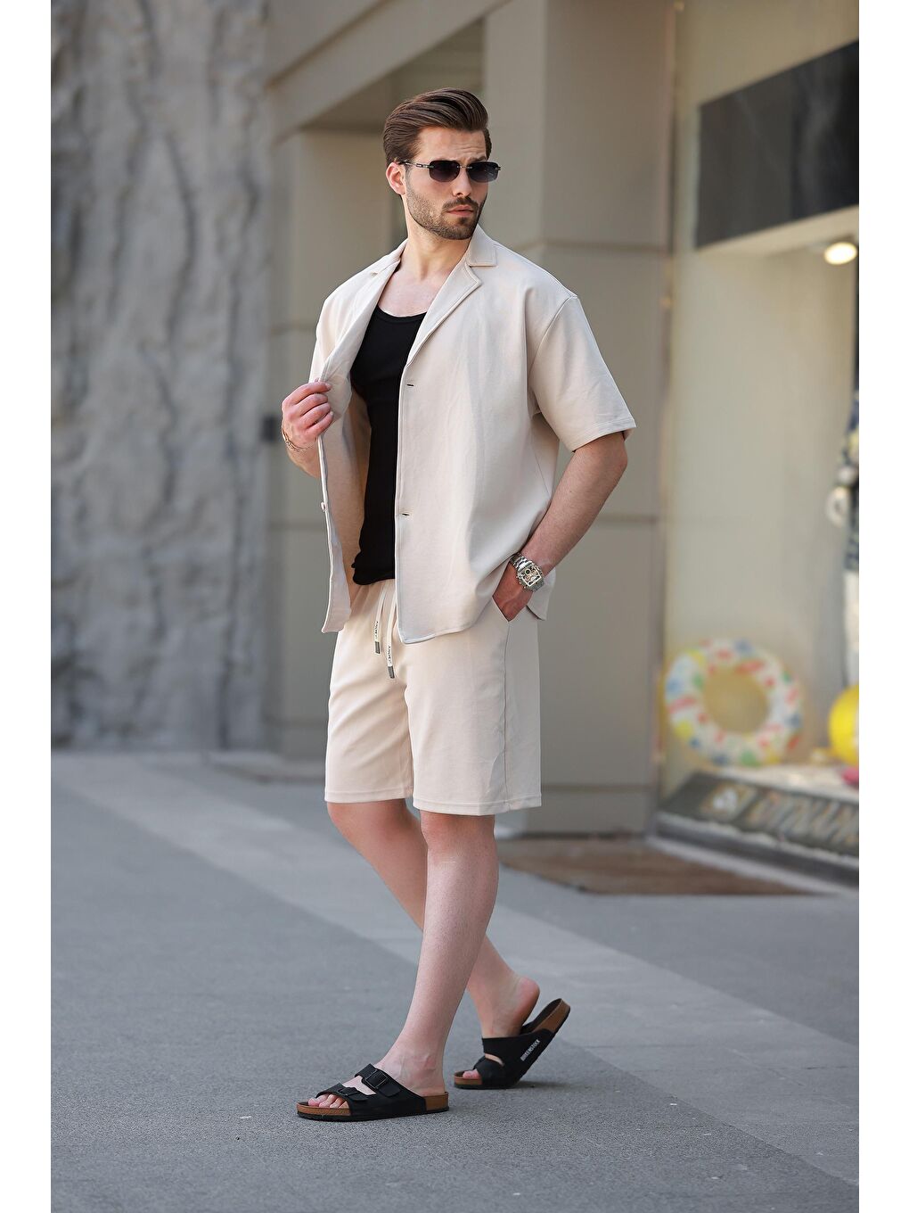 Bej Basic Erkek Şort Gömlek Takım E7311-2