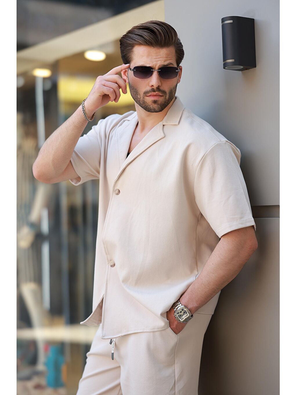 Bej Basic Erkek Şort Gömlek Takım E7311-3