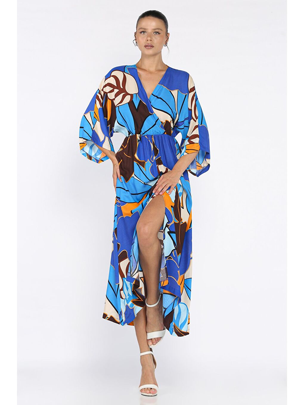 Mavi Kadın Kruvaze Yaka Bel Lastikli Yırtmaçlı Desenli Viskon Elbise