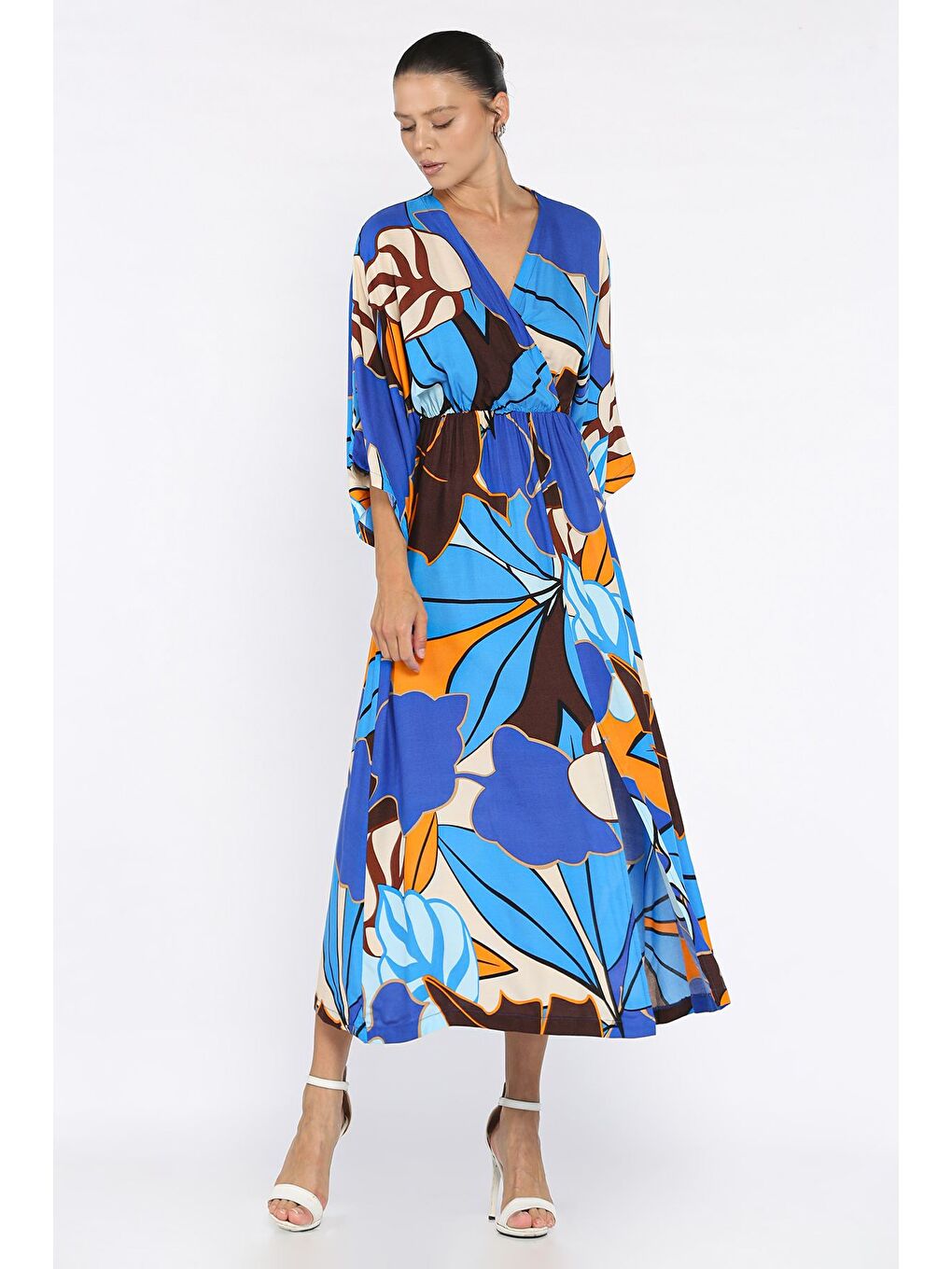 Mavi Kadın Kruvaze Yaka Bel Lastikli Yırtmaçlı Desenli Viskon Elbise-1