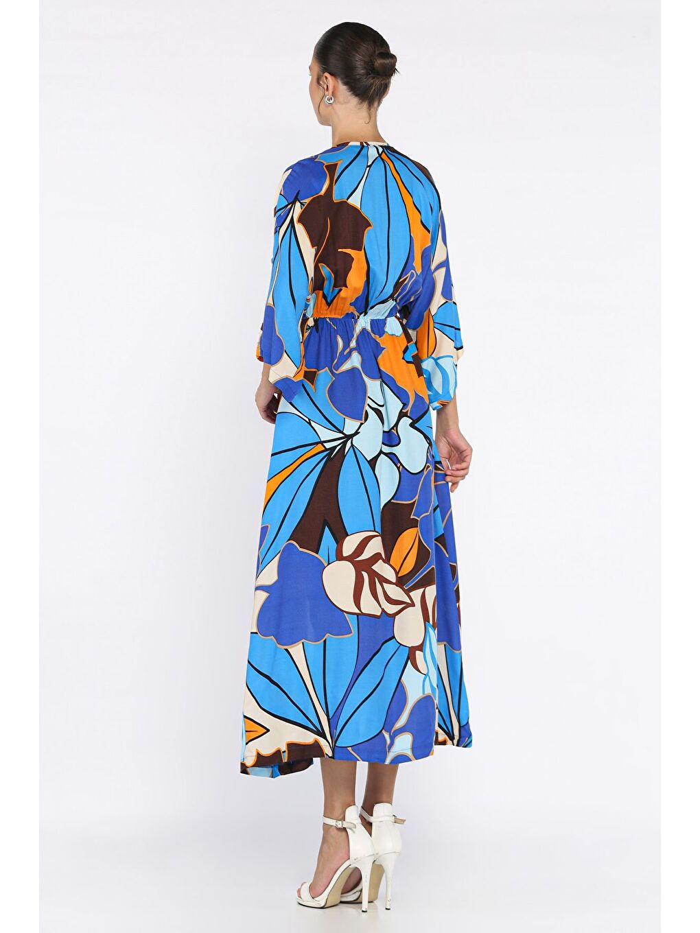 Mavi Kadın Kruvaze Yaka Bel Lastikli Yırtmaçlı Desenli Viskon Elbise-2