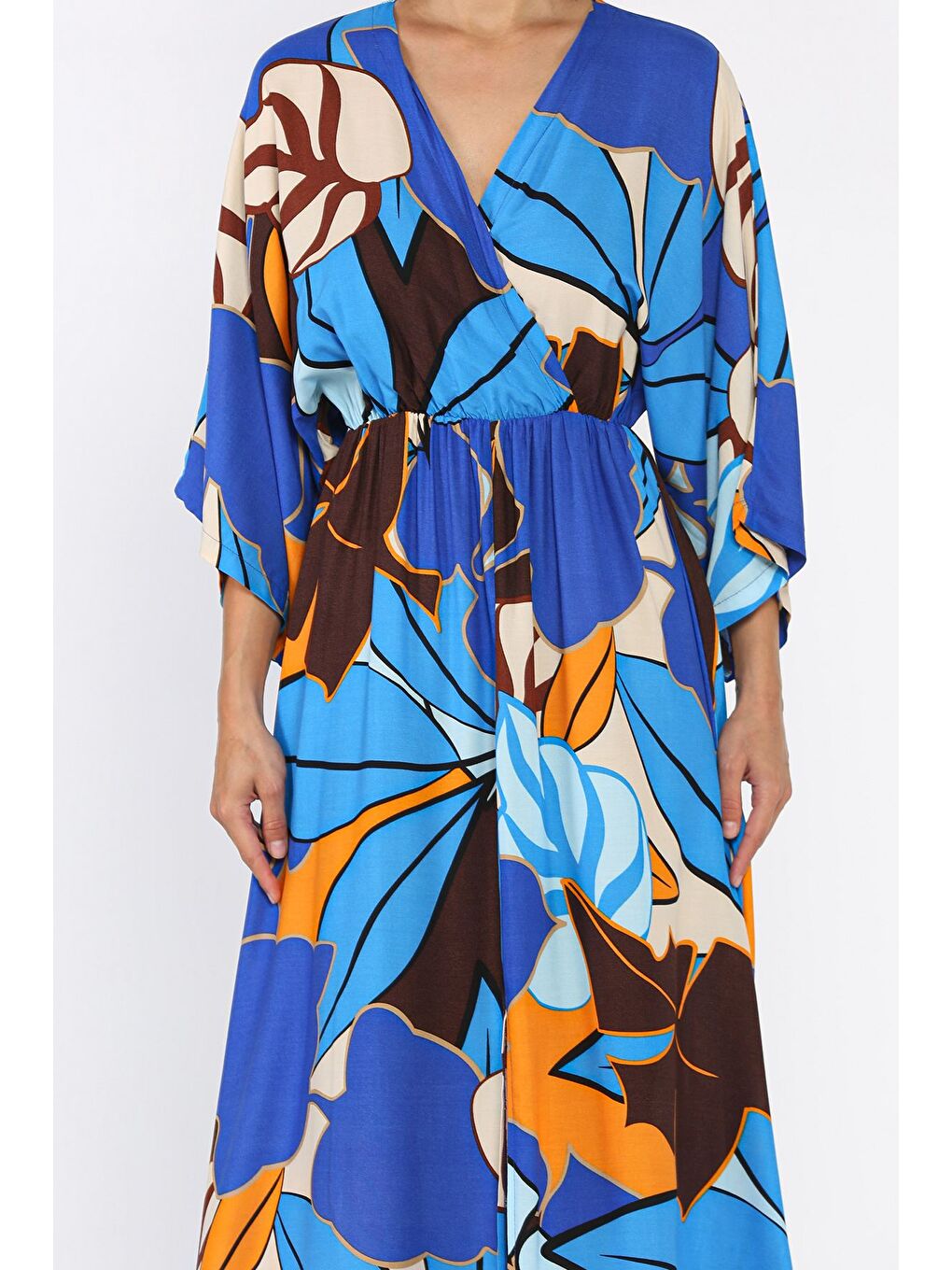 Mavi Kadın Kruvaze Yaka Bel Lastikli Yırtmaçlı Desenli Viskon Elbise-3