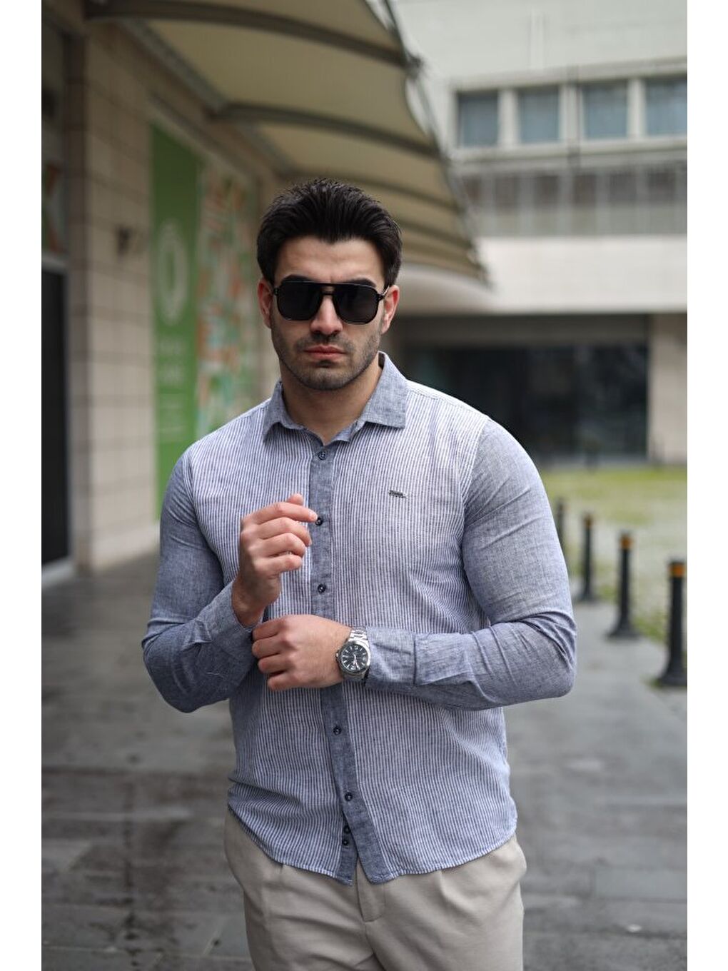 Gri Erkek Pamuklu Keten Kumaş Gömlek