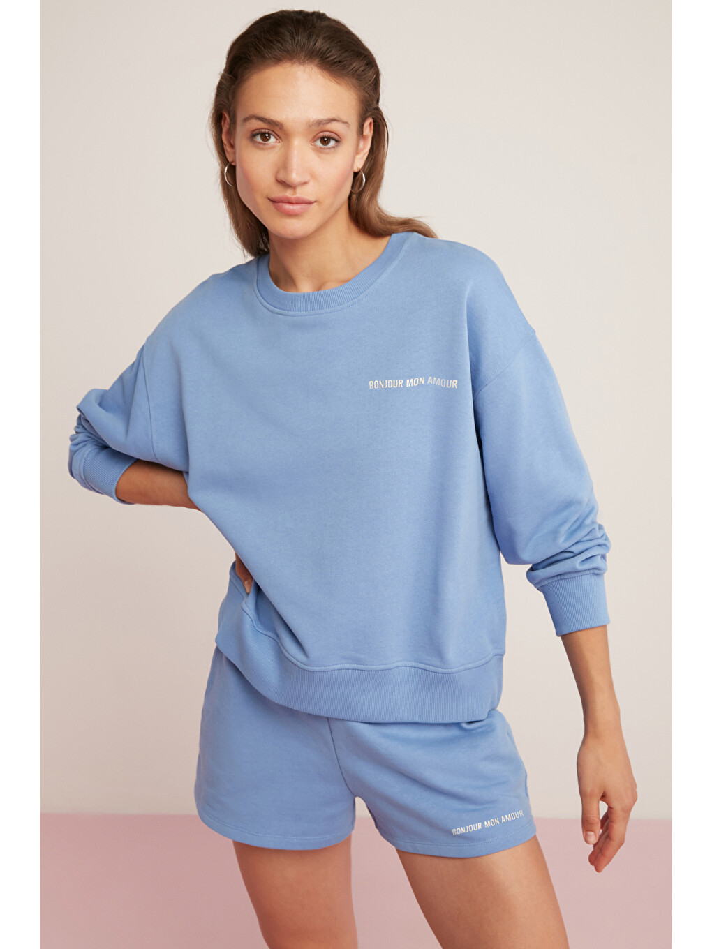 Sandra Kadın Pamuklu Içi Polarlı Yumuşacık Göğsü Baskılı Yuvarlak Yaka Comfort Mavi Sweatshirt-2