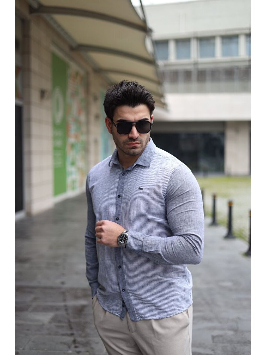 Gri Erkek Pamuklu Keten Kumaş Gömlek-2