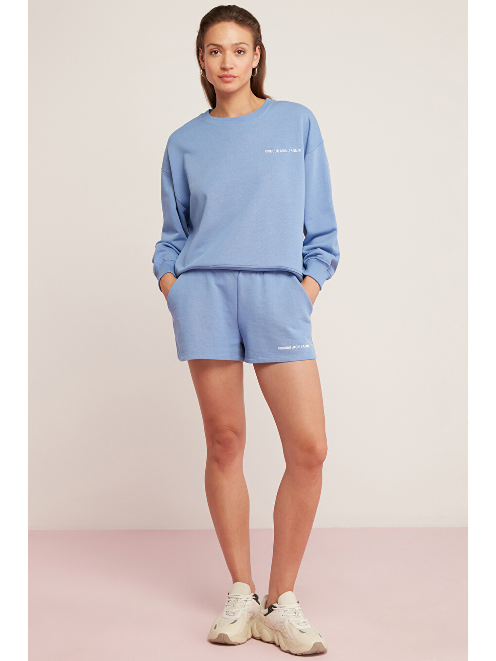 Sandra Kadın Pamuklu Içi Polarlı Yumuşacık Göğsü Baskılı Yuvarlak Yaka Comfort Mavi Sweatshirt-3