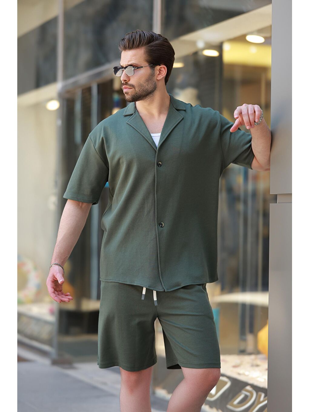 Haki Basic Erkek Şort Gömlek Takım E7311