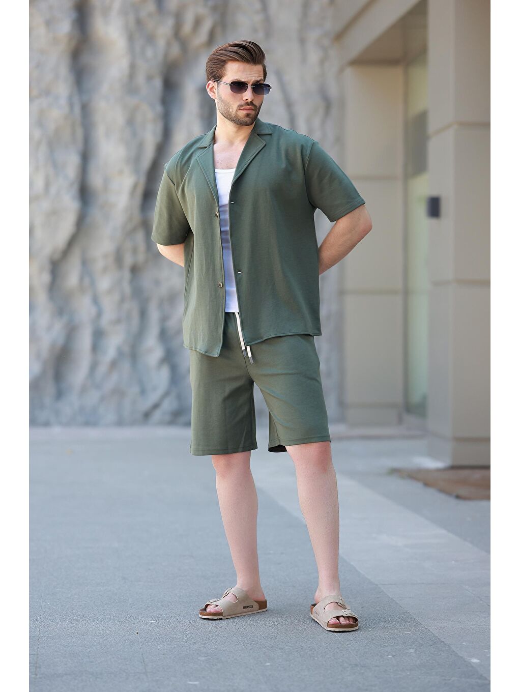 Haki Basic Erkek Şort Gömlek Takım E7311-1