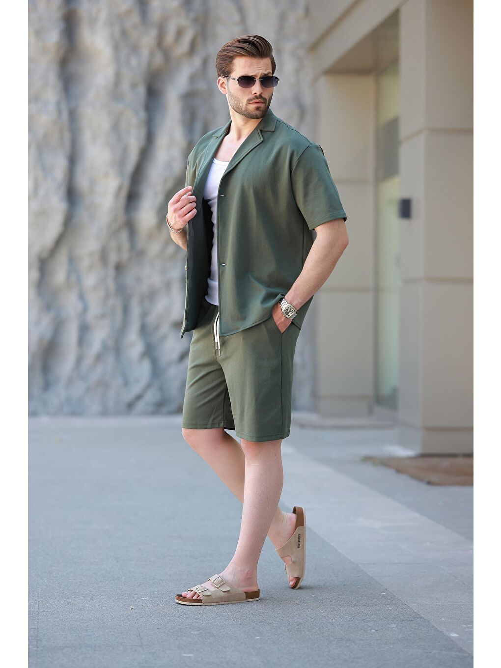 Haki Basic Erkek Şort Gömlek Takım E7311-2