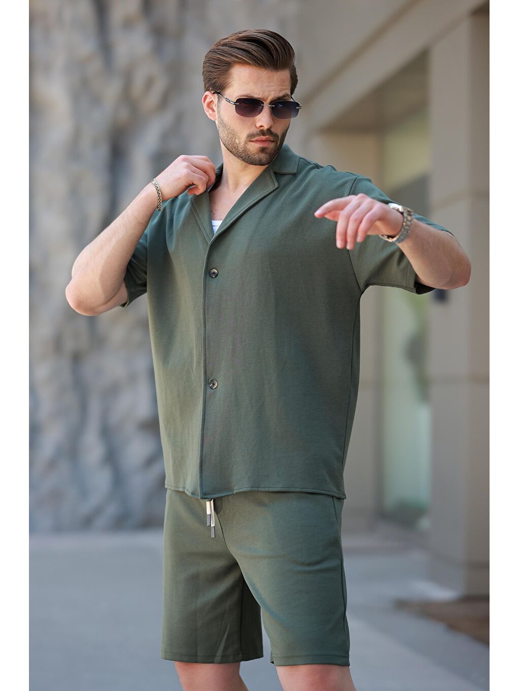 Haki Basic Erkek Şort Gömlek Takım E7311-3