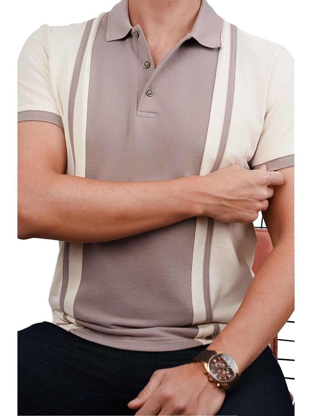 Bej Vizon Çift Renkli Erkek Polo Yaka %100 Pamuk Tişört-1