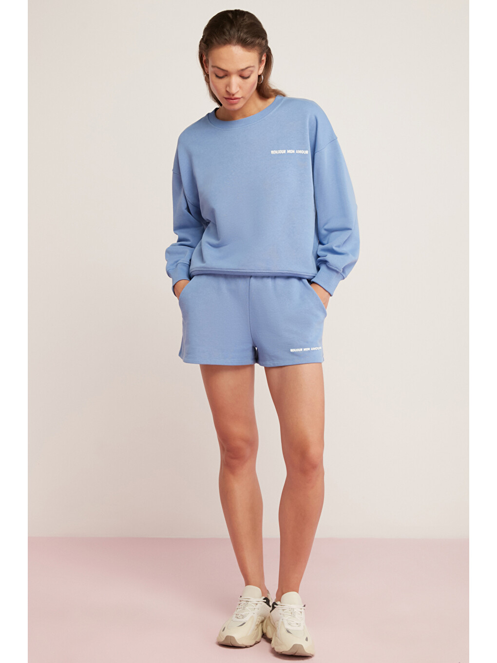 Sandra Kadın Pamuklu Içi Polarlı Yumuşacık Göğsü Baskılı Yuvarlak Yaka Comfort Mavi Sweatshirt-4