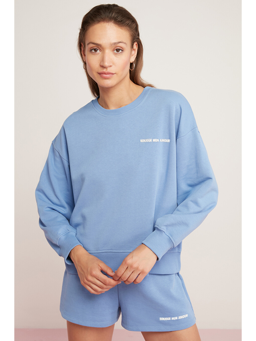 Sandra Kadın Pamuklu Içi Polarlı Yumuşacık Göğsü Baskılı Yuvarlak Yaka Comfort Mavi Sweatshirt-5