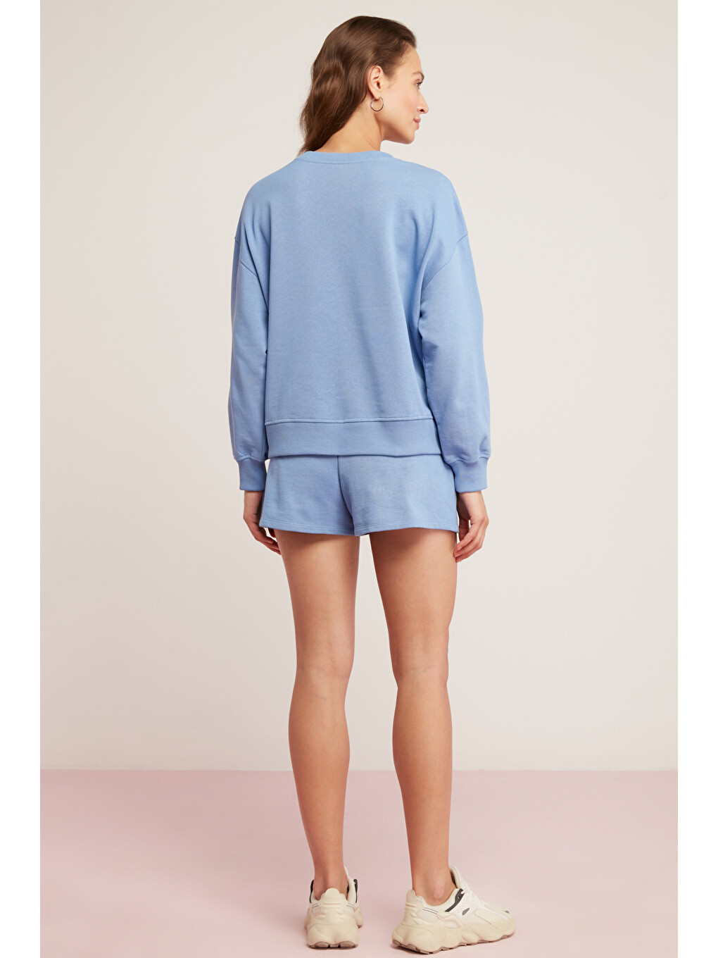 Sandra Kadın Pamuklu Içi Polarlı Yumuşacık Göğsü Baskılı Yuvarlak Yaka Comfort Mavi Sweatshirt-6