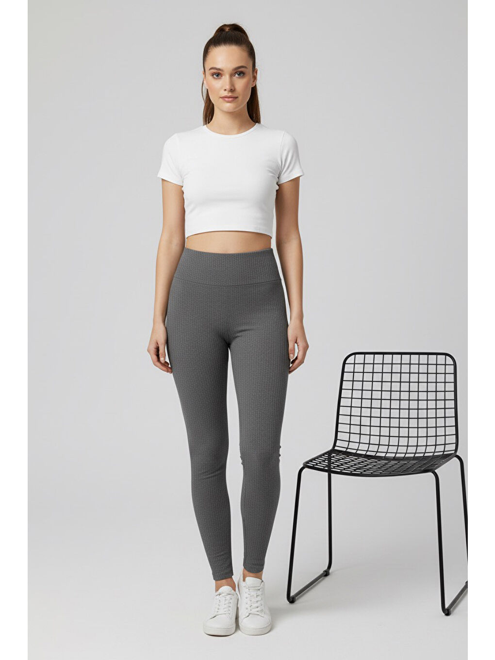 Gri Yüksek Bel Fitilli Kaşkorse Tayt Füme - 27951-FUME