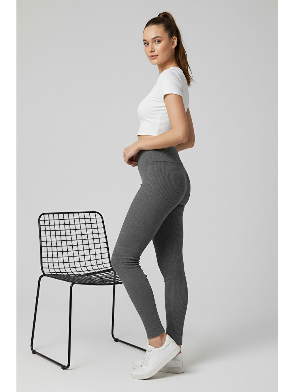 Gri Yüksek Bel Fitilli Kaşkorse Tayt Füme - 27951-FUME-1