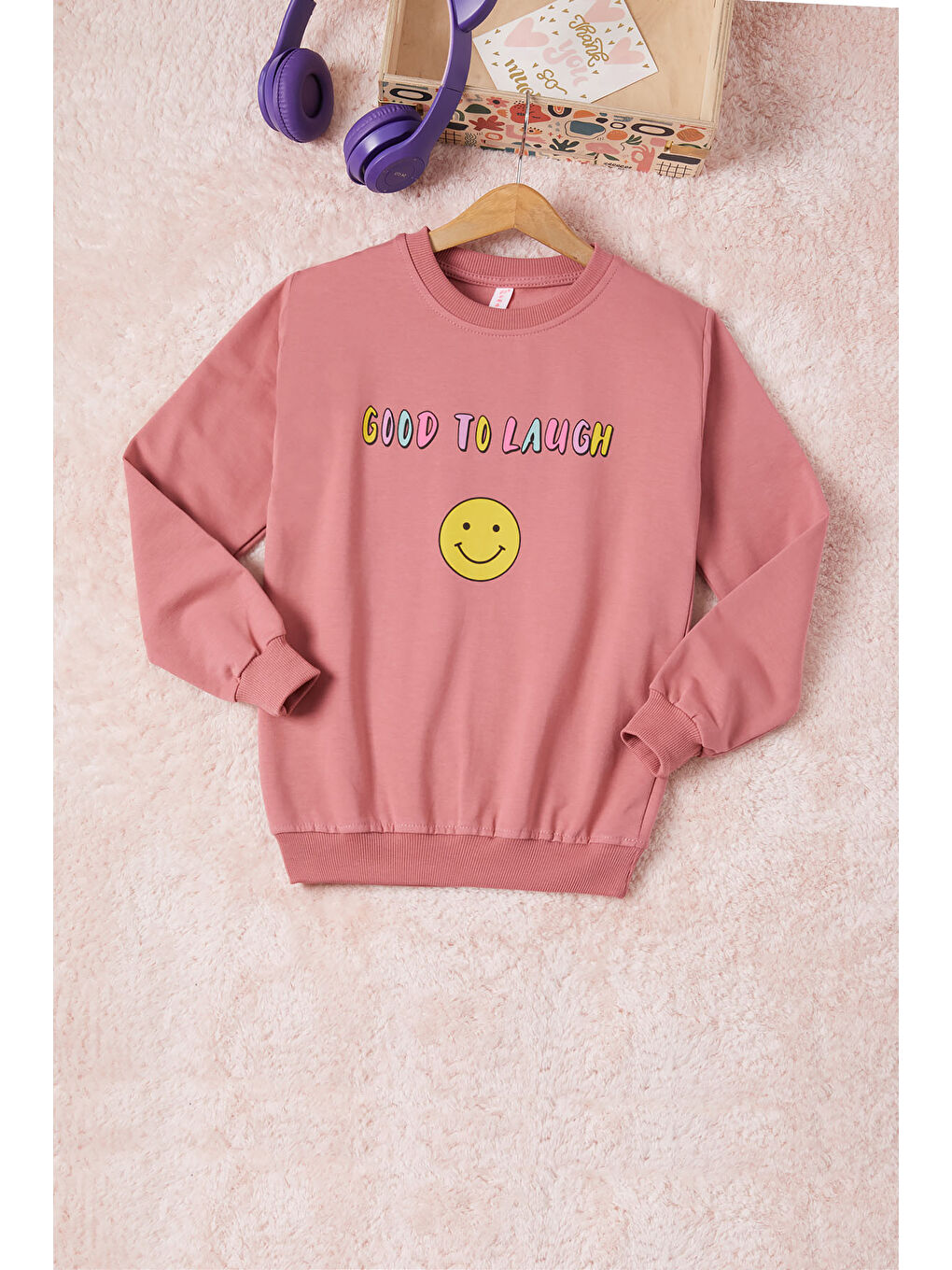 Pembe Life Kids Club Pembe Gül Kurusu Gülen Yüz Sırtı Baskılı Kız Çocuk Sweatshirt 16703