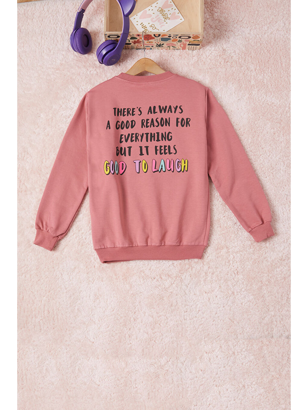 Pembe Life Kids Club Pembe Gül Kurusu Gülen Yüz Sırtı Baskılı Kız Çocuk Sweatshirt 16703 - 3