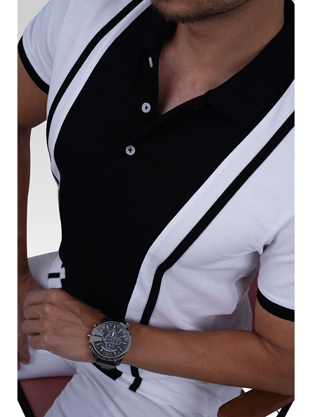 Gri Beyaz Siyah Çift Renkli Erkek Polo Yaka %100 Pamuk Tişört