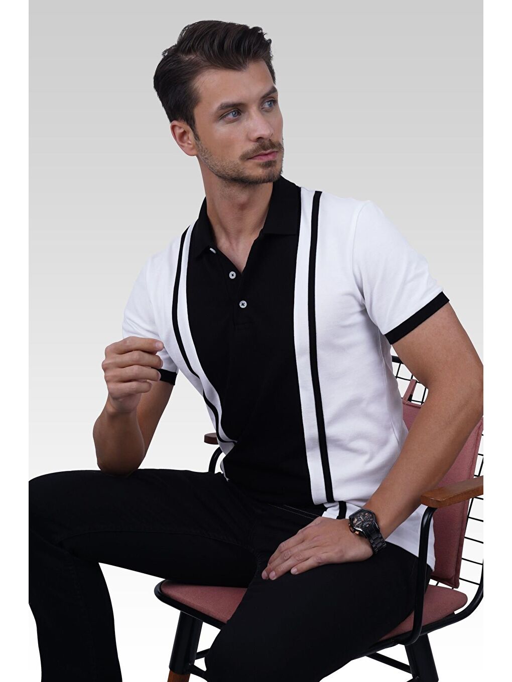 Gri Beyaz Siyah Çift Renkli Erkek Polo Yaka %100 Pamuk Tişört-2