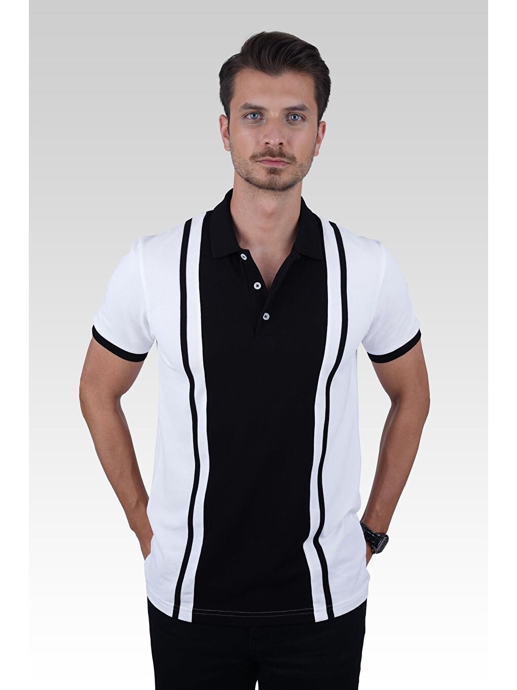 Gri Beyaz Siyah Çift Renkli Erkek Polo Yaka %100 Pamuk Tişört-4