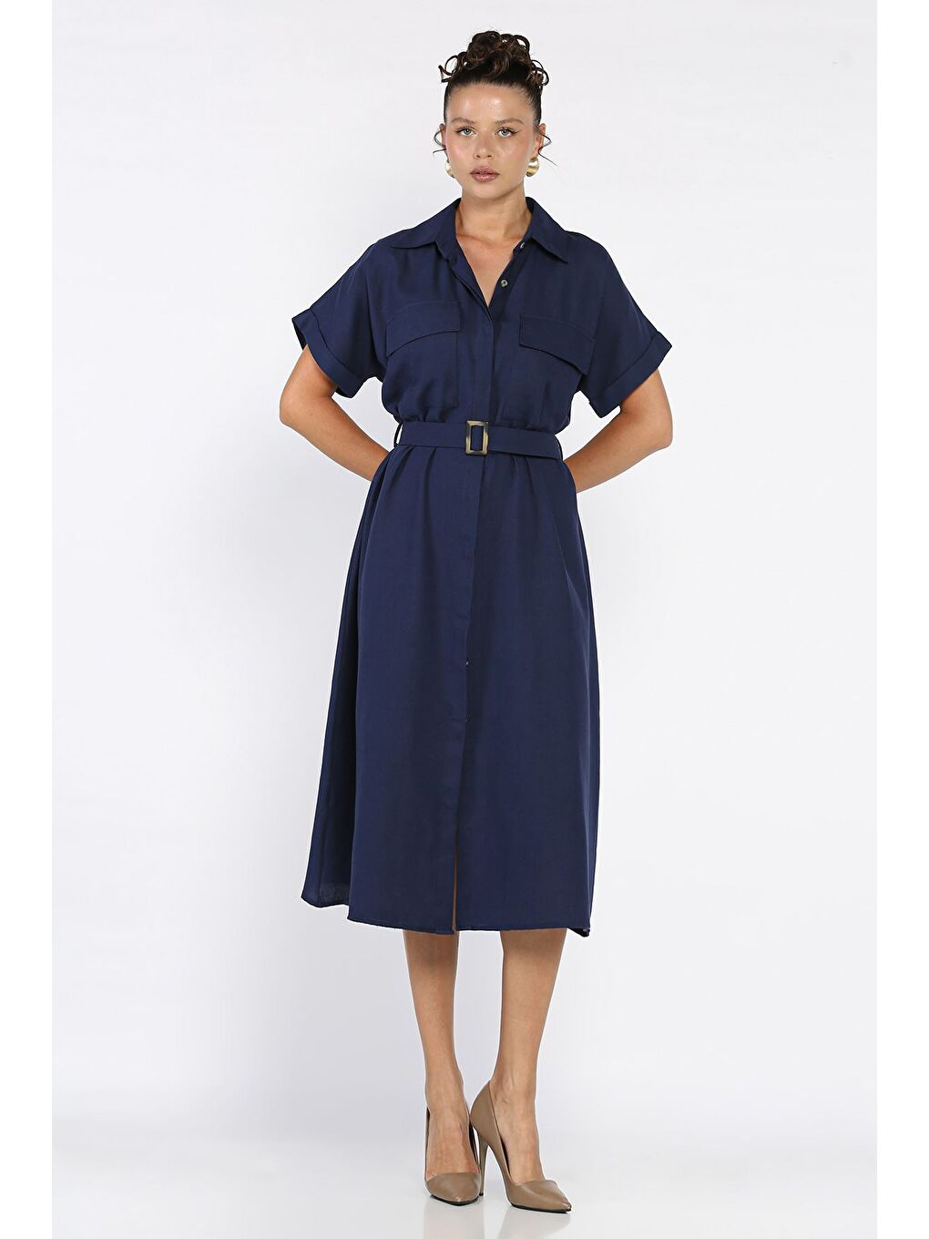 Lacivert Ön Düğmeli Kemerli Kısa Kol Elbise-1