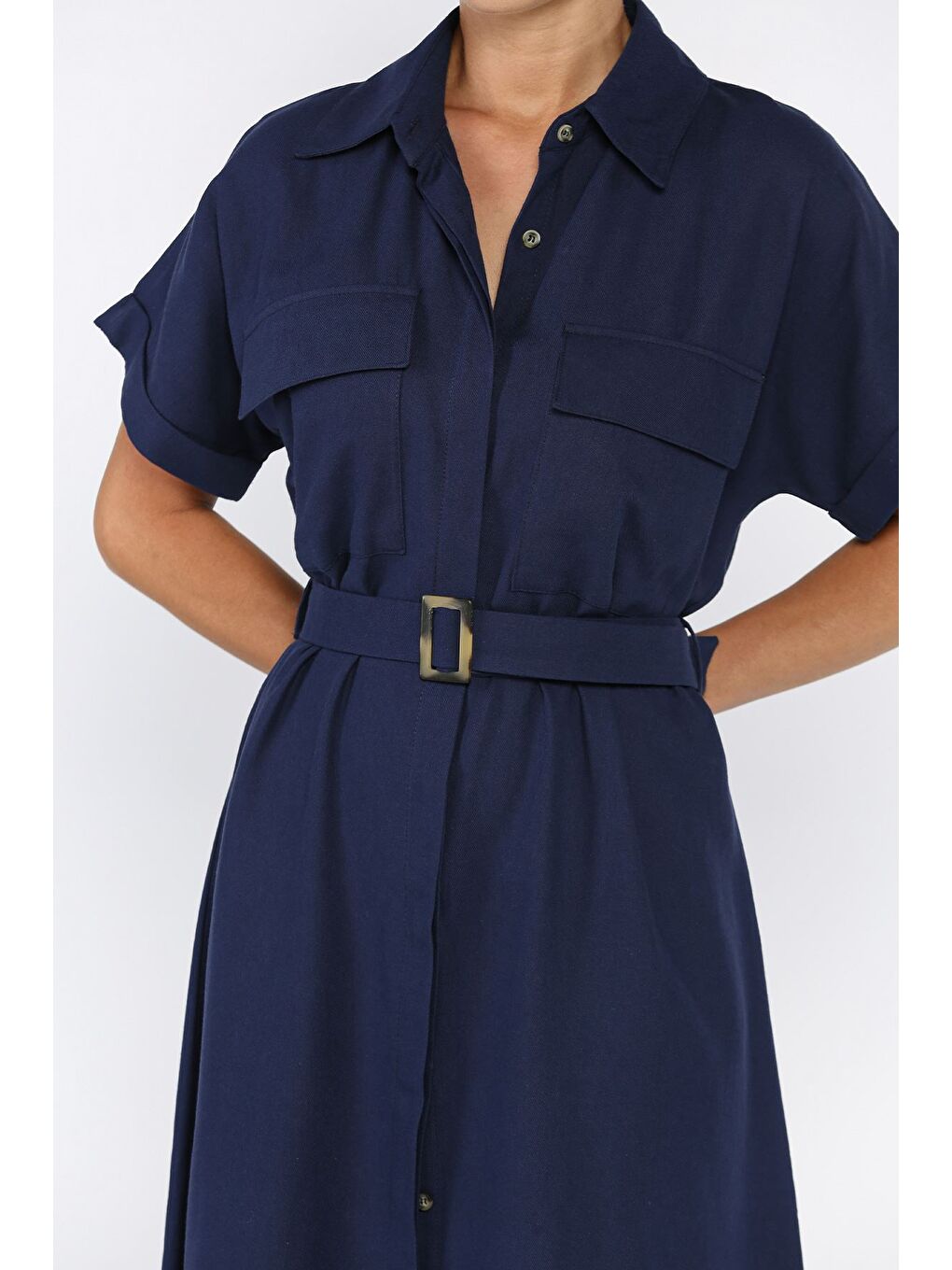 Lacivert Ön Düğmeli Kemerli Kısa Kol Elbise-3