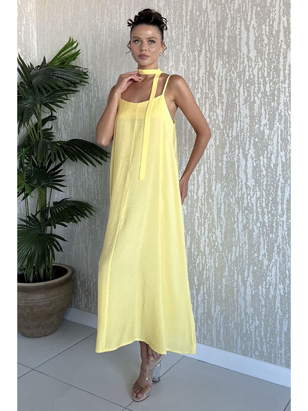 Sarı İp Askılı Bağcıklı Kadın Elbise-1