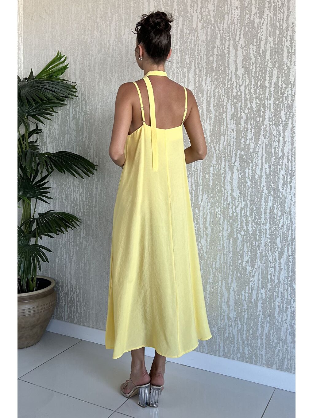 Sarı İp Askılı Bağcıklı Kadın Elbise-2