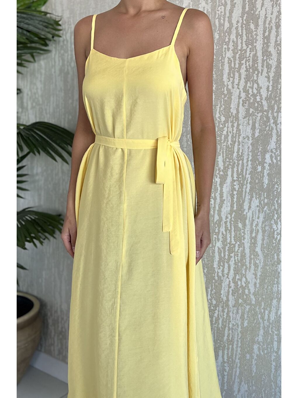 Sarı İp Askılı Bağcıklı Kadın Elbise-3
