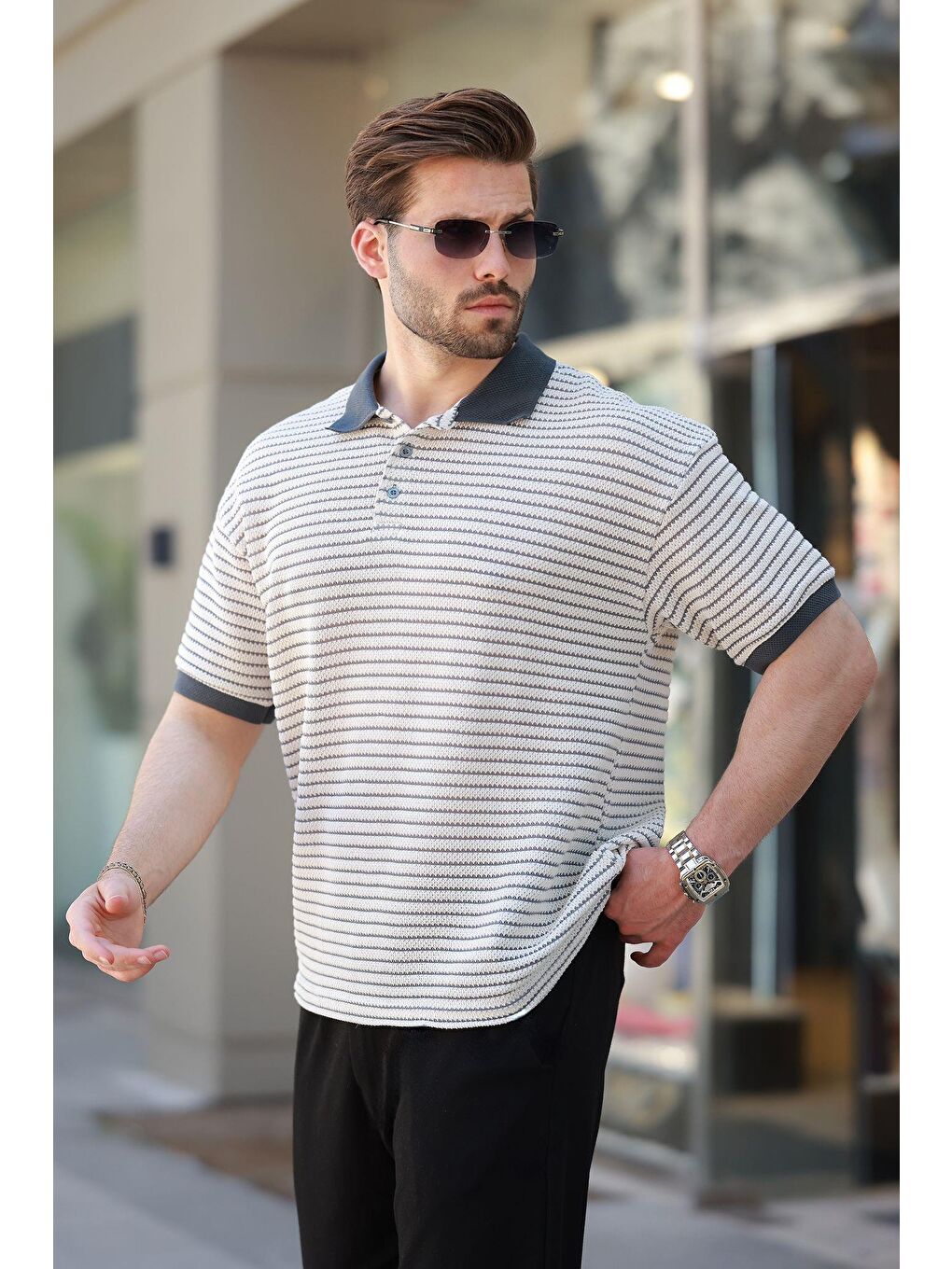 Gri Füme Polo Yaka Triko Erkek T-Shirt E7139