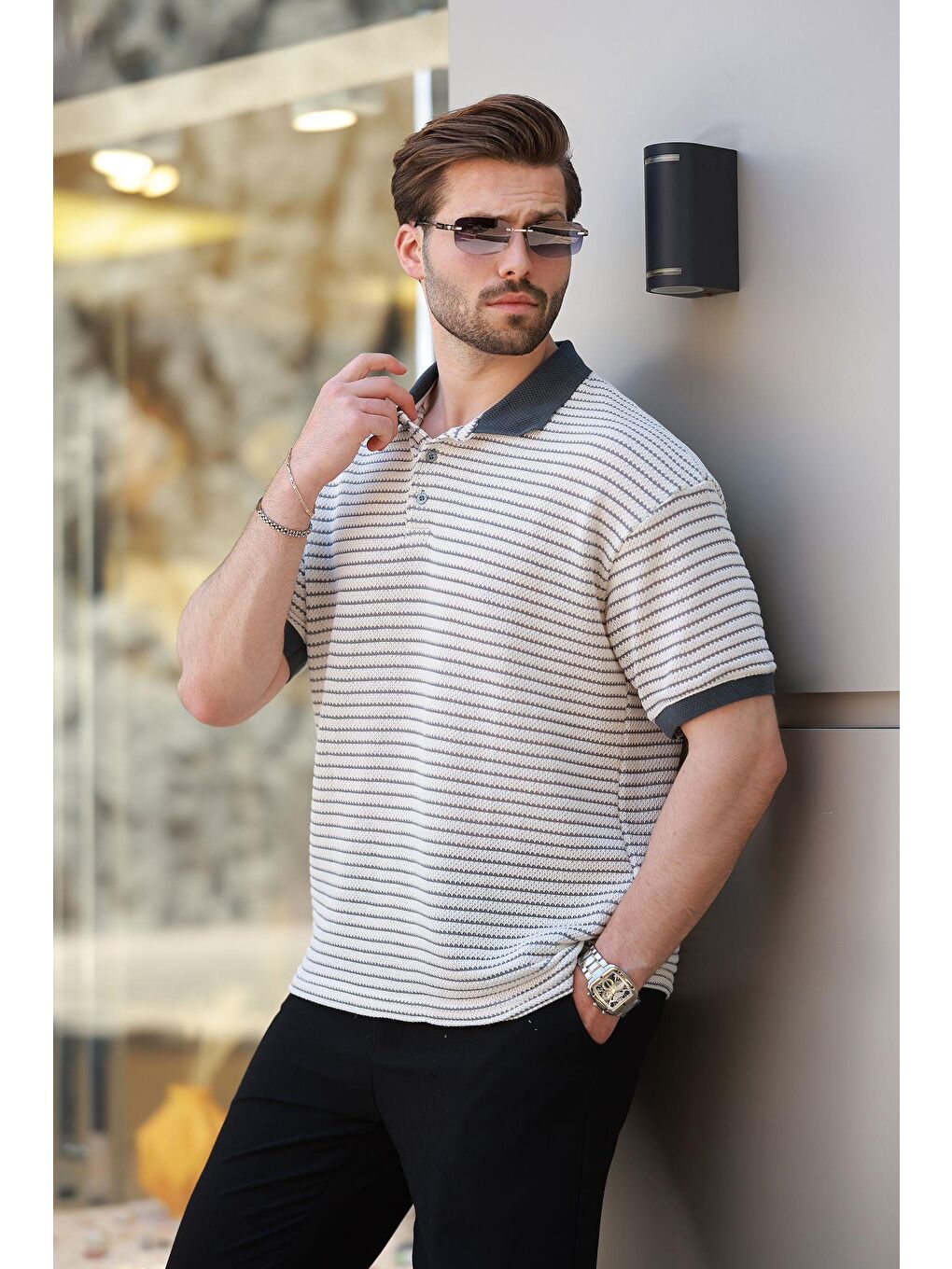 Gri Füme Polo Yaka Triko Erkek T-Shirt E7139-1