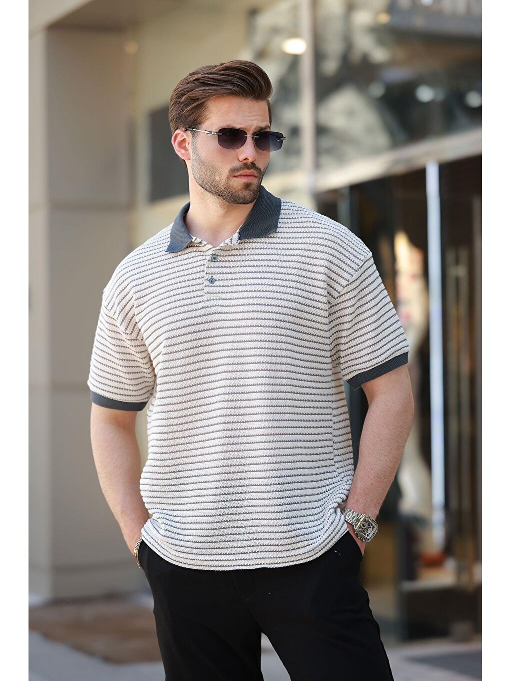 Gri Füme Polo Yaka Triko Erkek T-Shirt E7139-2