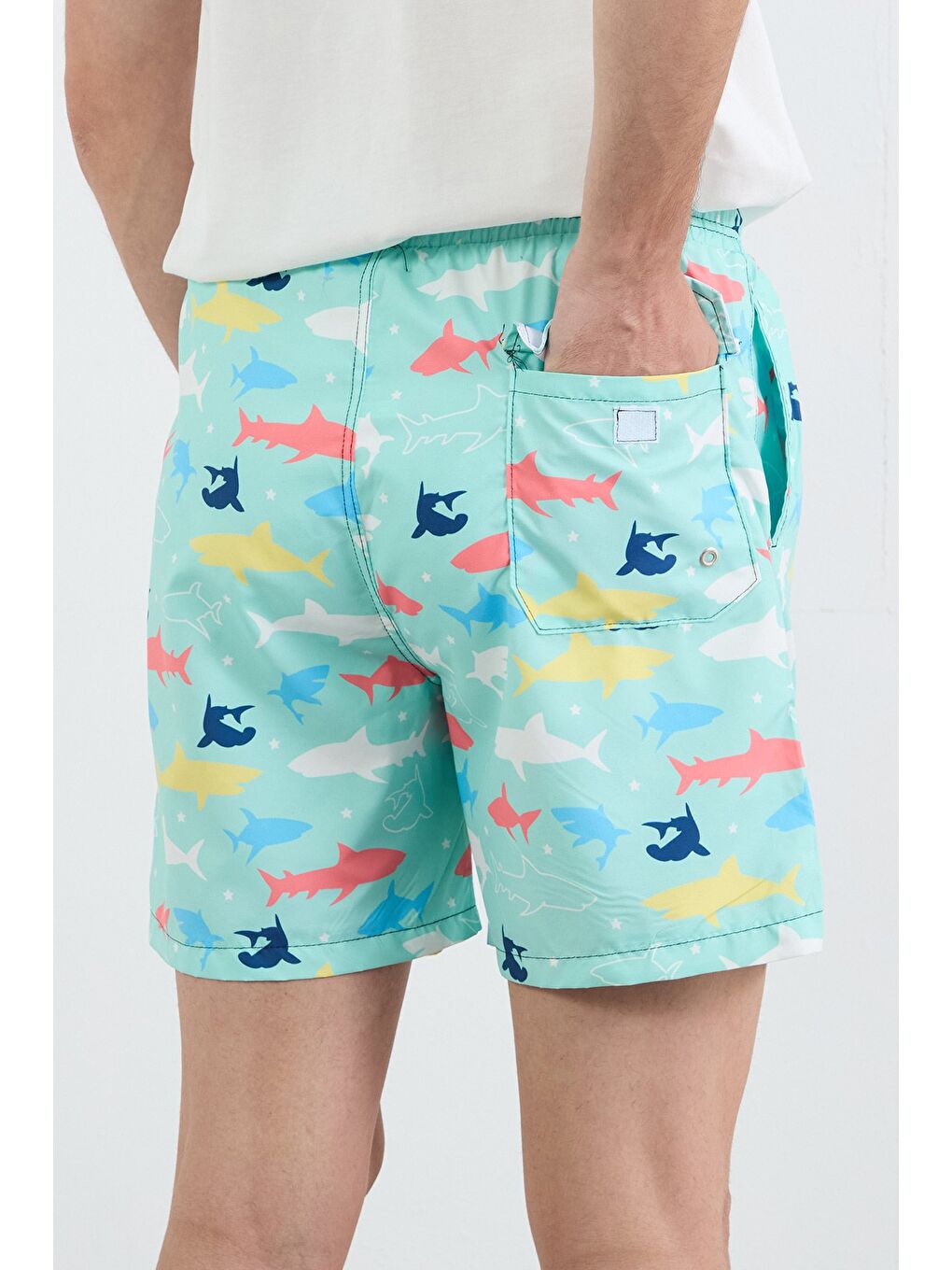 Turkuaz Çizgi Baskılı Cepli Deniz Şortu-3