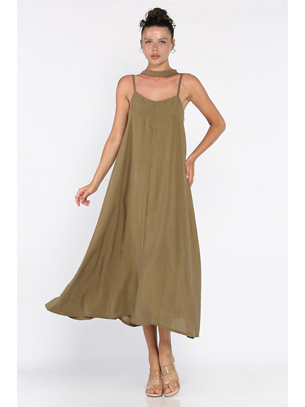 Haki İp Askılı Bağcıklı Kadın Elbise