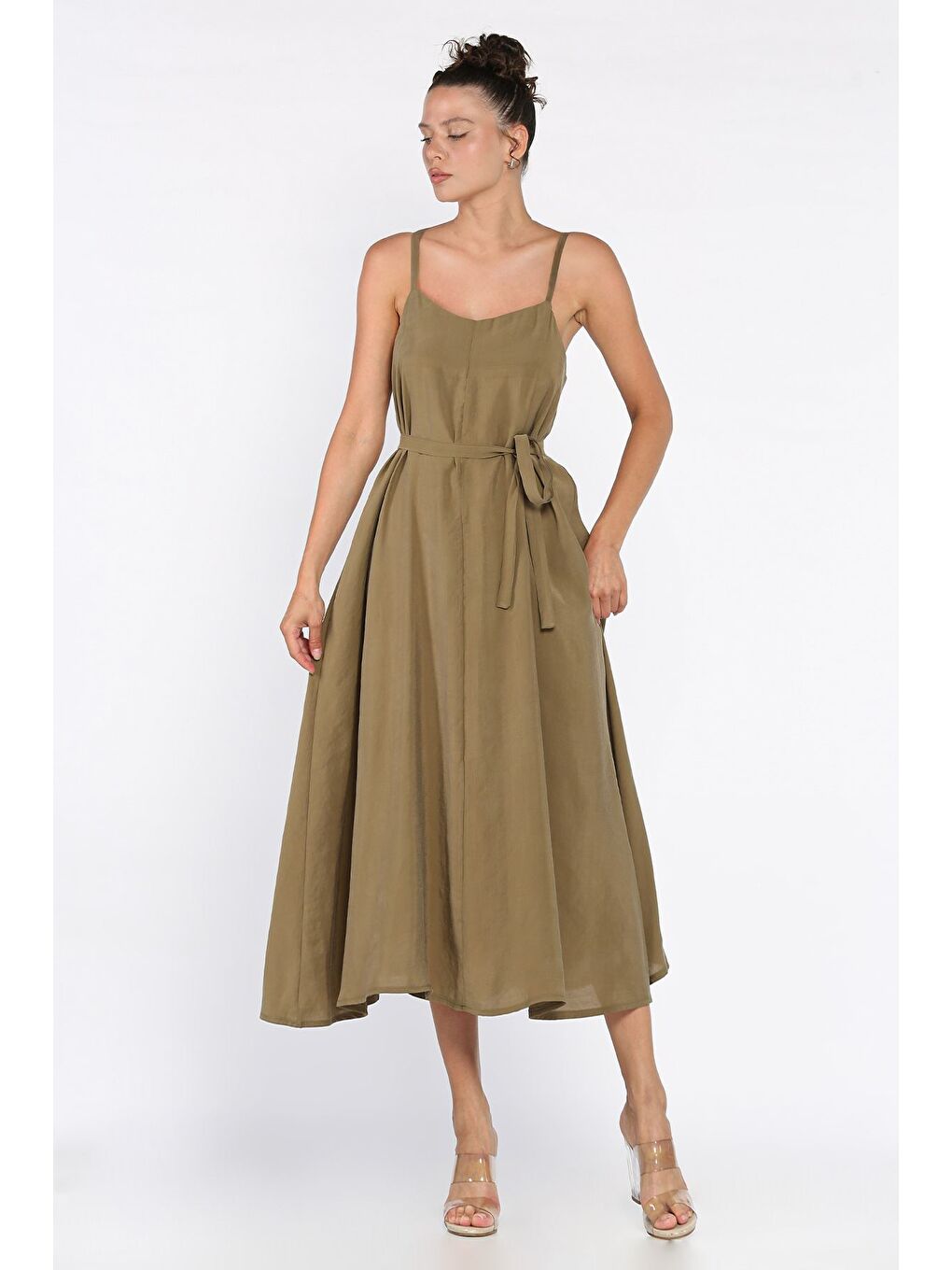 Haki İp Askılı Bağcıklı Kadın Elbise-1