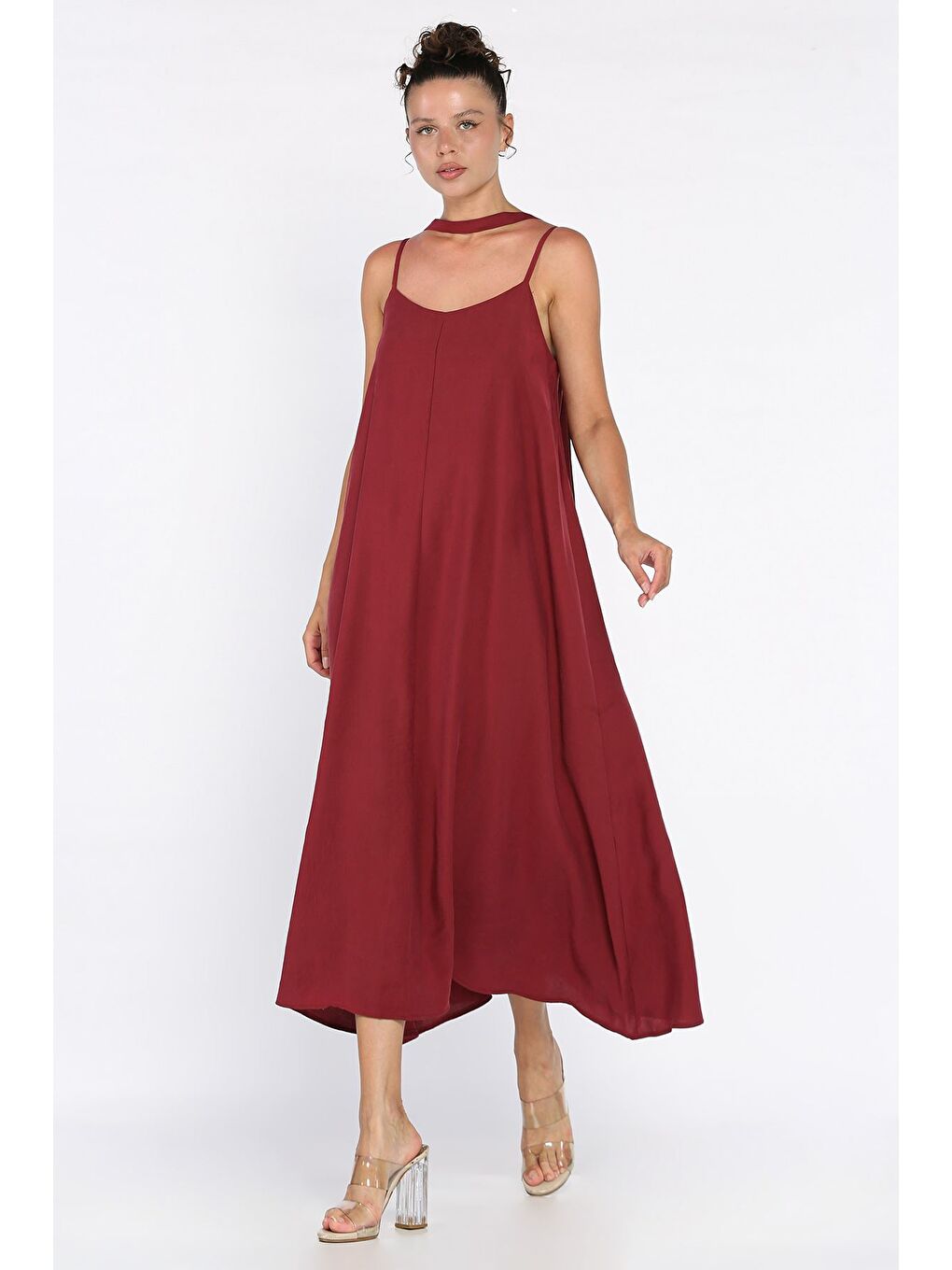 Bordo İp Askılı Bağcıklı Kadın Elbise