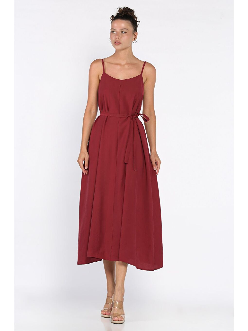 Bordo İp Askılı Bağcıklı Kadın Elbise-1