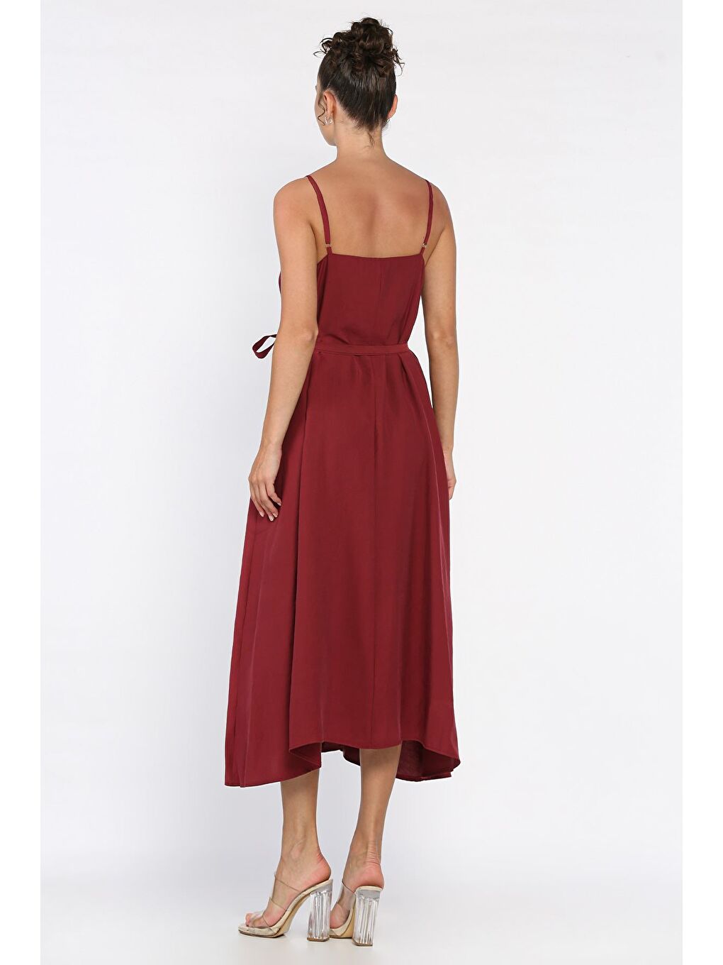 Bordo İp Askılı Bağcıklı Kadın Elbise-2