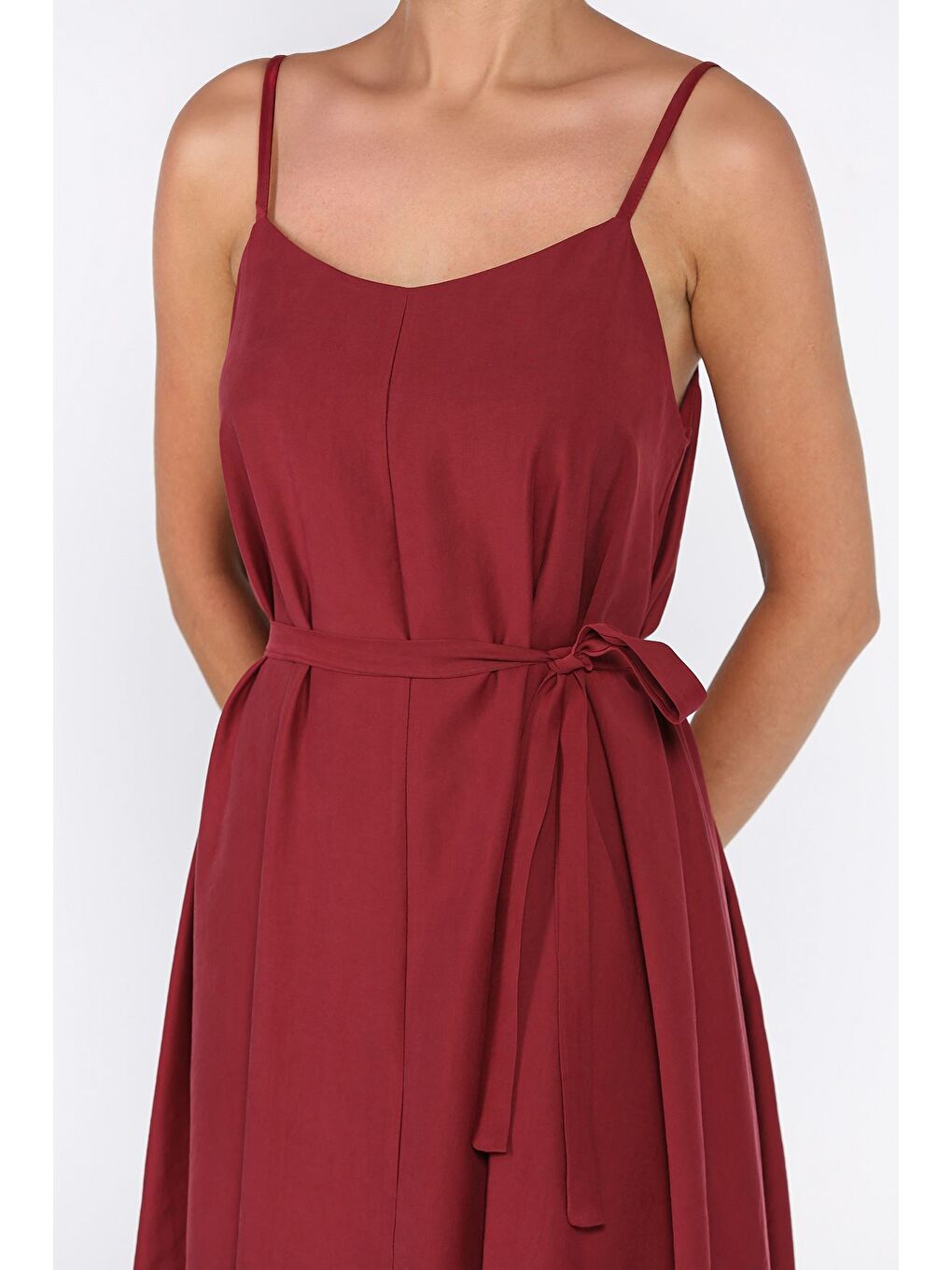 Bordo İp Askılı Bağcıklı Kadın Elbise-3