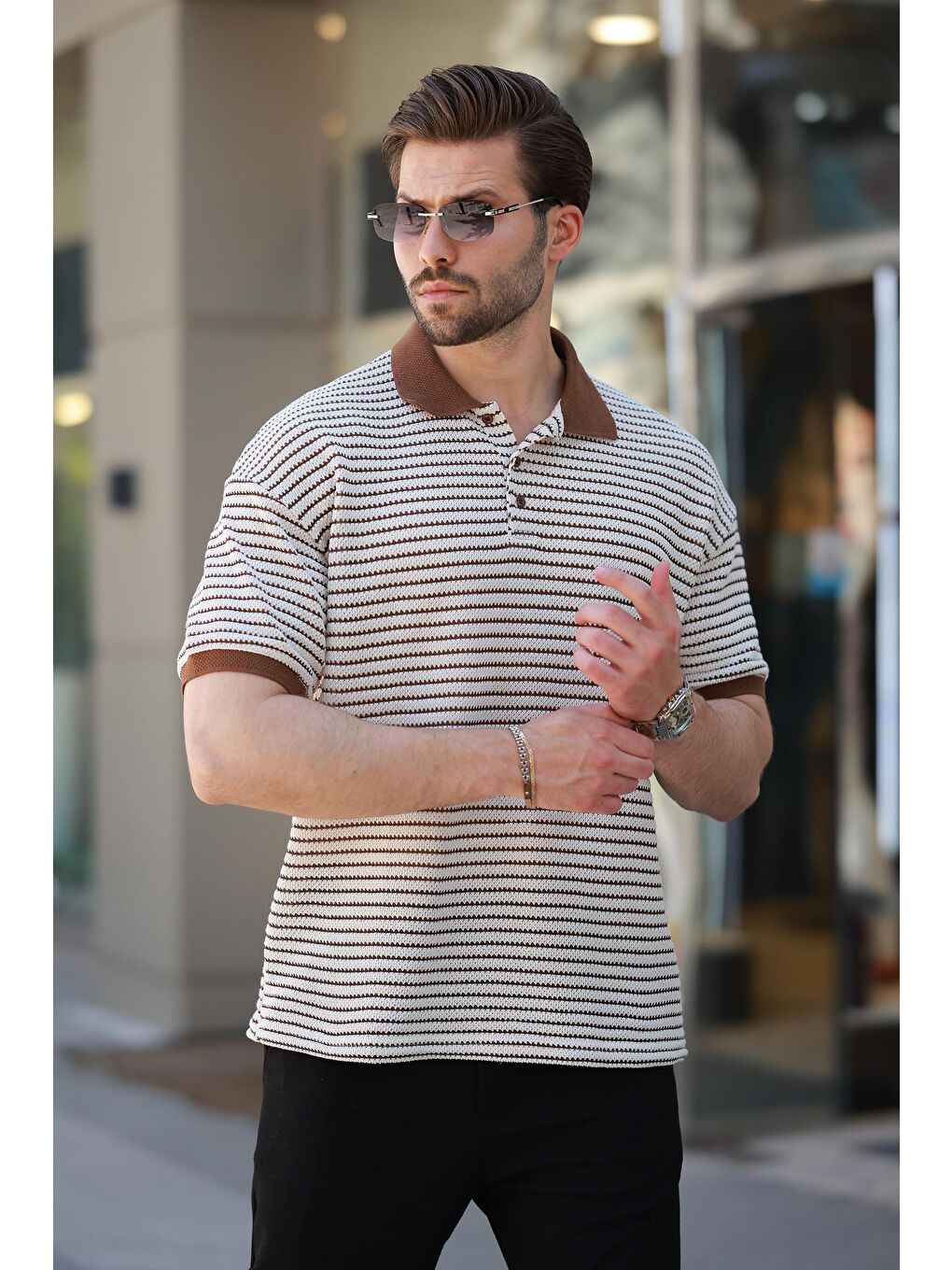 Kahverengi Polo Yaka Triko Erkek T-Shirt E7139