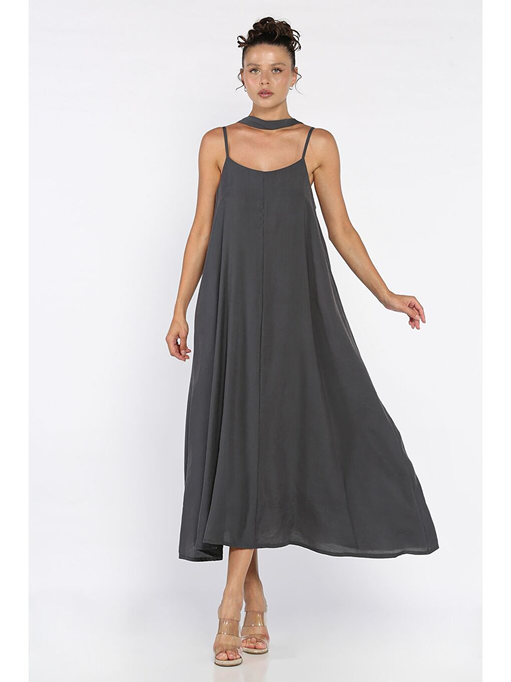 Antrasit İp Askılı Bağcıklı Kadın Elbise