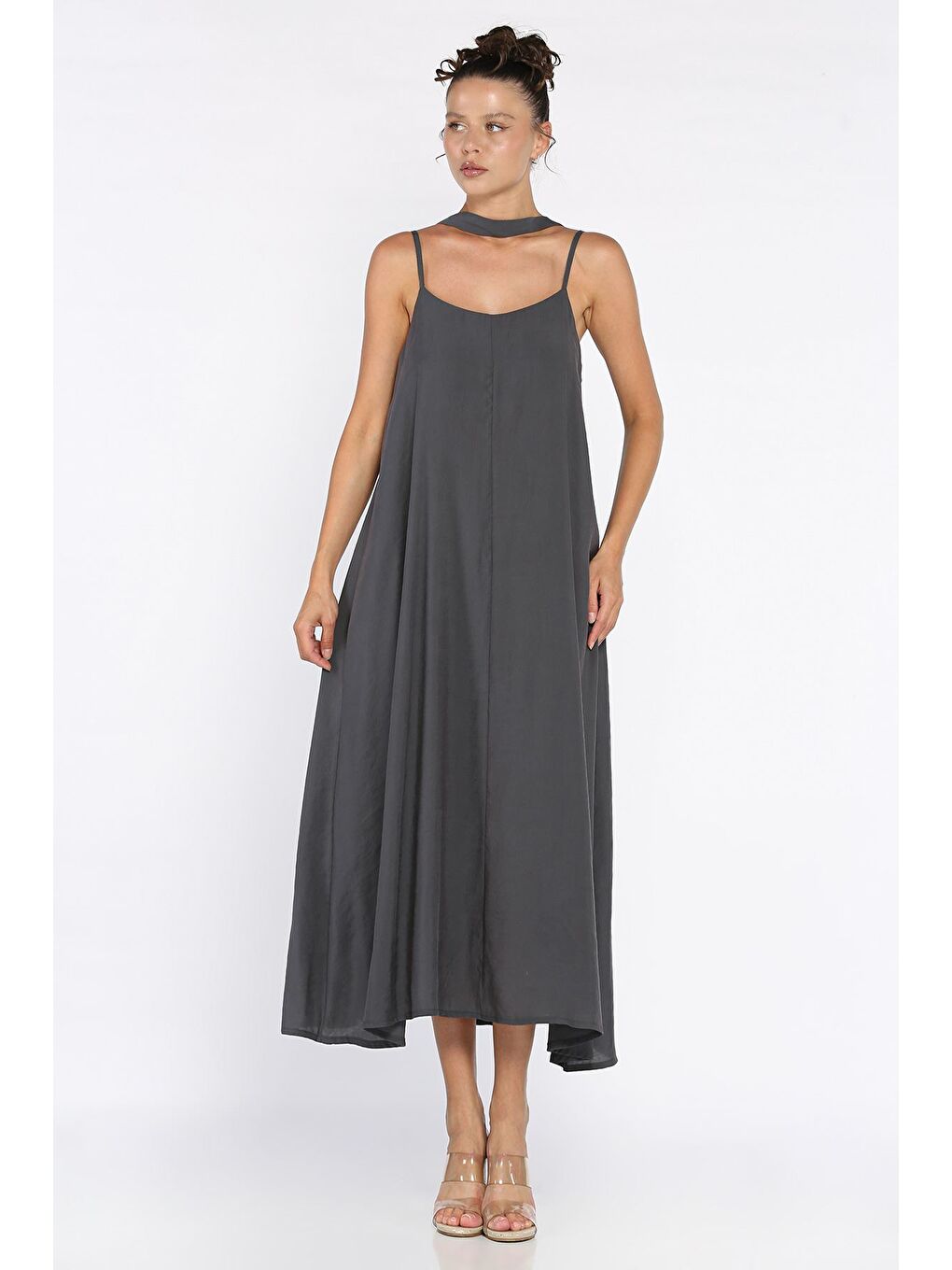 Antrasit İp Askılı Bağcıklı Kadın Elbise-1