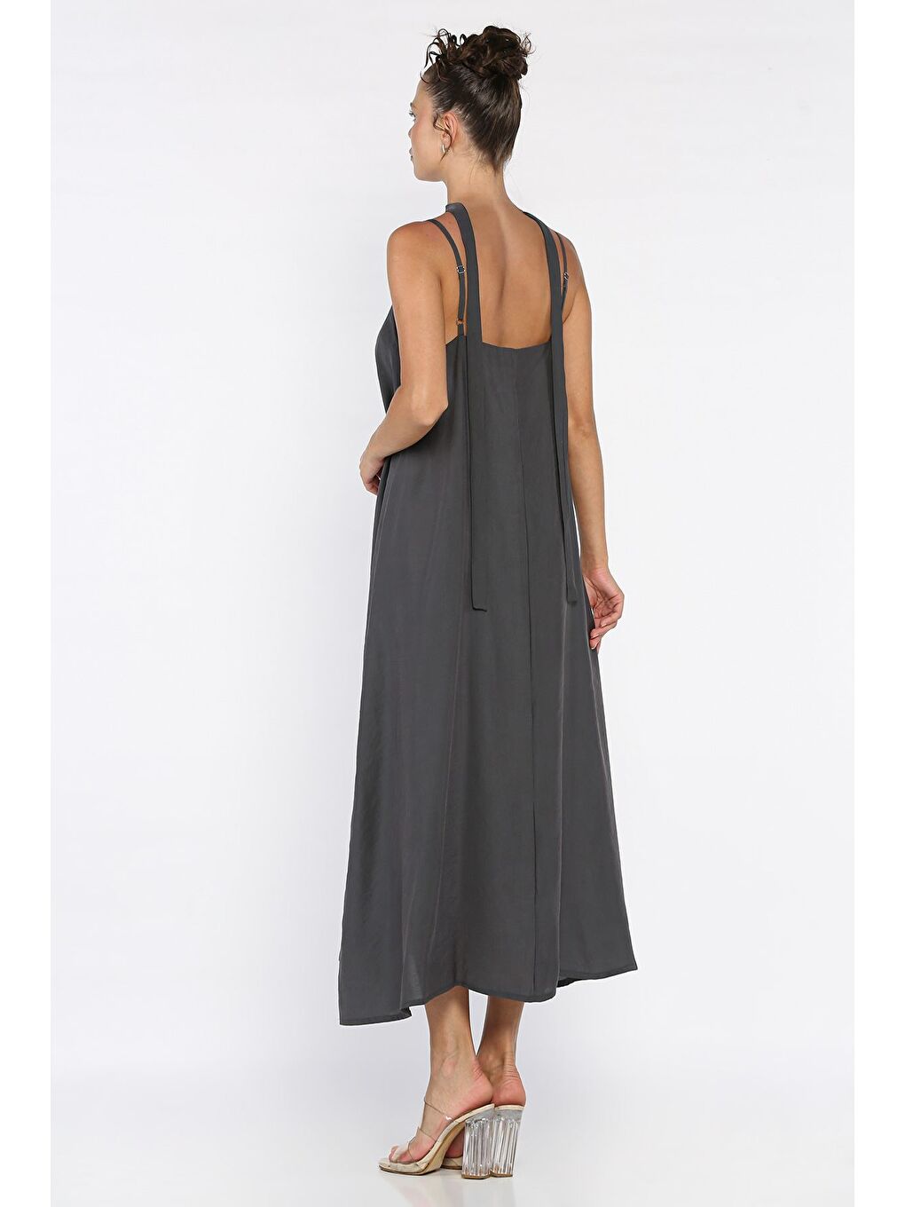 Antrasit İp Askılı Bağcıklı Kadın Elbise-2