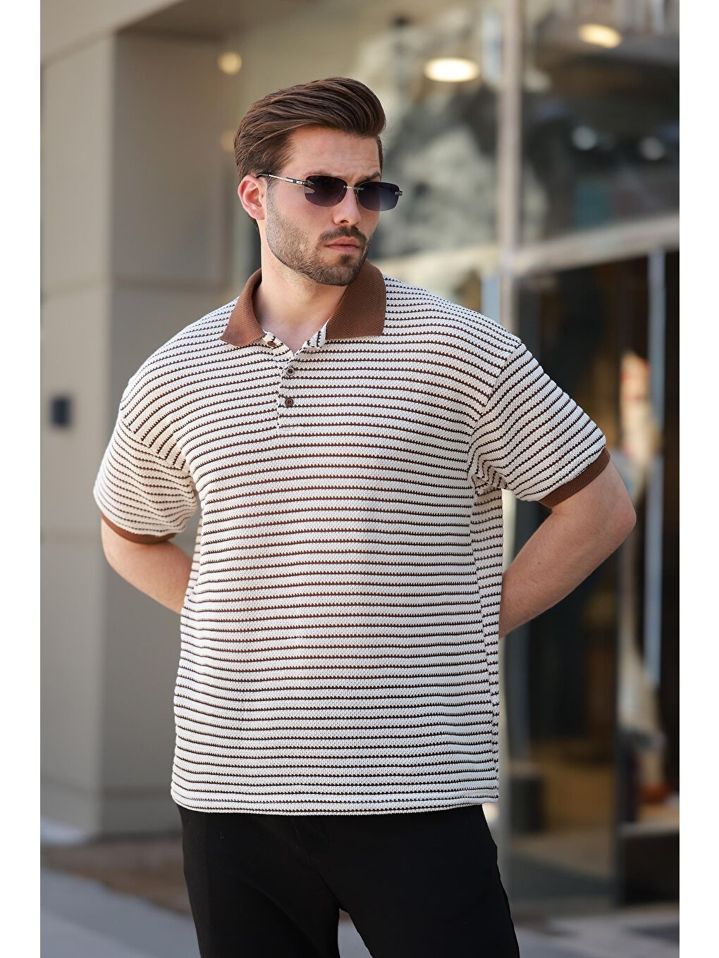 Kahverengi Polo Yaka Triko Erkek T-Shirt E7139-1