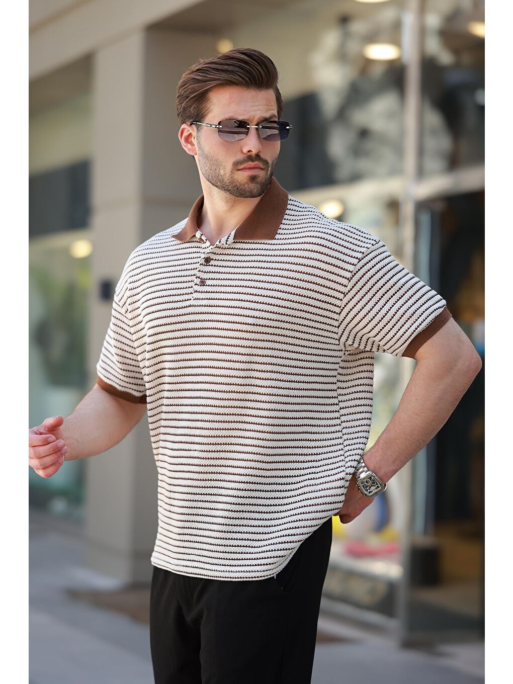 Kahverengi Polo Yaka Triko Erkek T-Shirt E7139-2