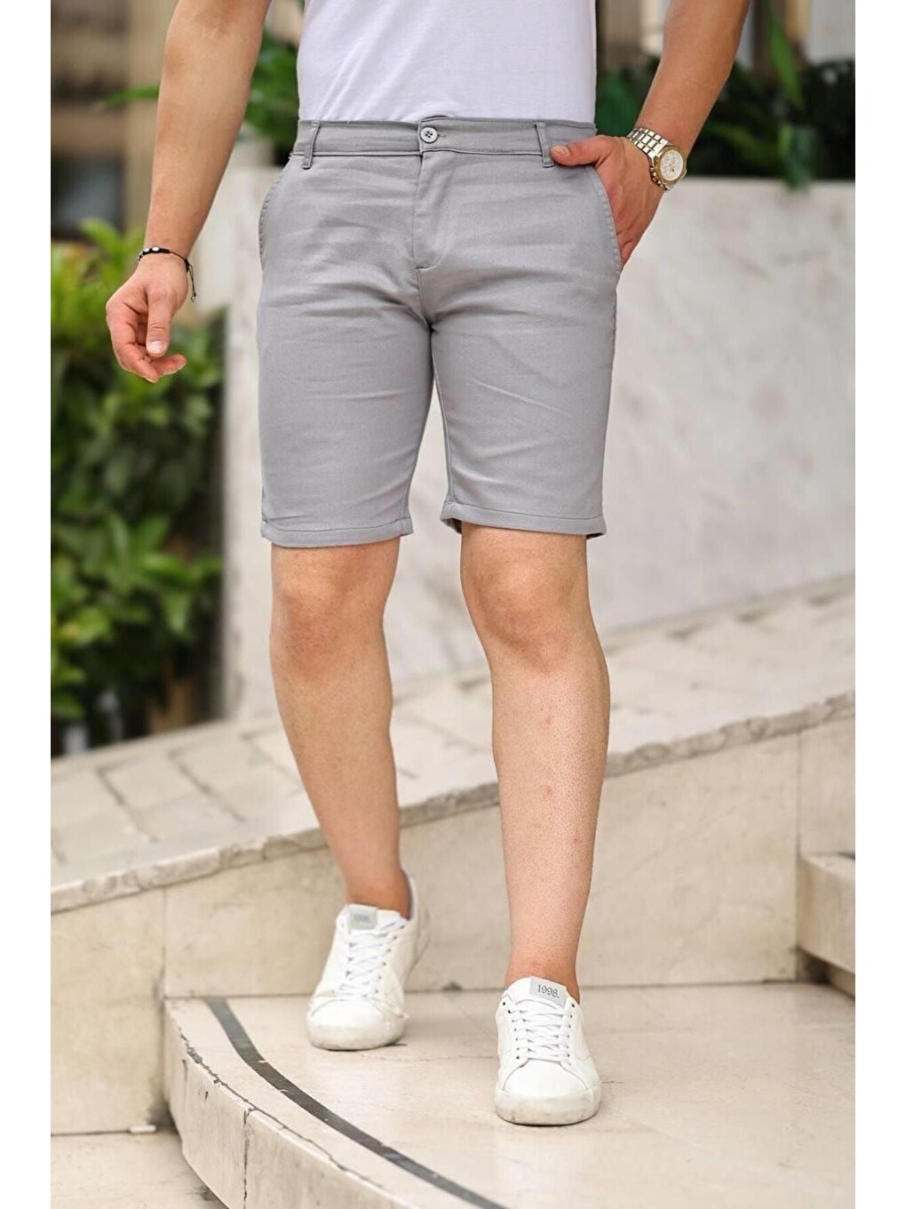 Gri Erkek Örgü Gabardin Cepli Esnek Kumaş Slim Fit Kapri Şort
