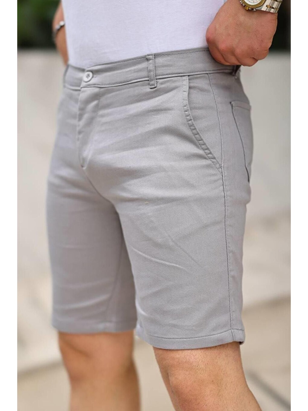 Gri Erkek Örgü Gabardin Cepli Esnek Kumaş Slim Fit Kapri Şort-1