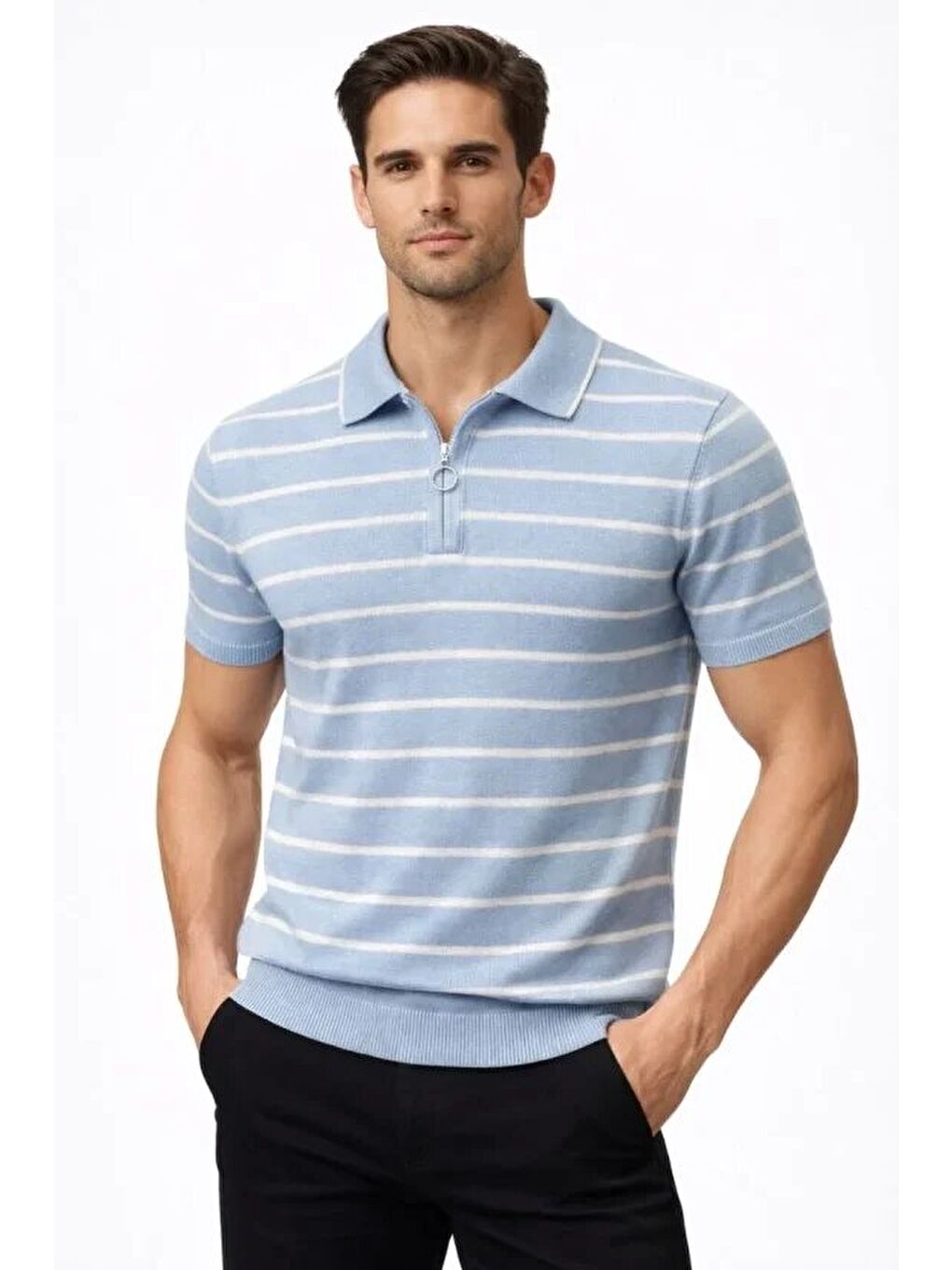 Mavi Erkek Triko Polo Yaka Fermuarlı Çizgili Tişört